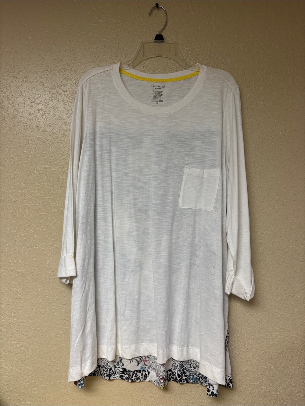 Woman Within White Long-Sleeve Pocket Tee with Patterned Hem